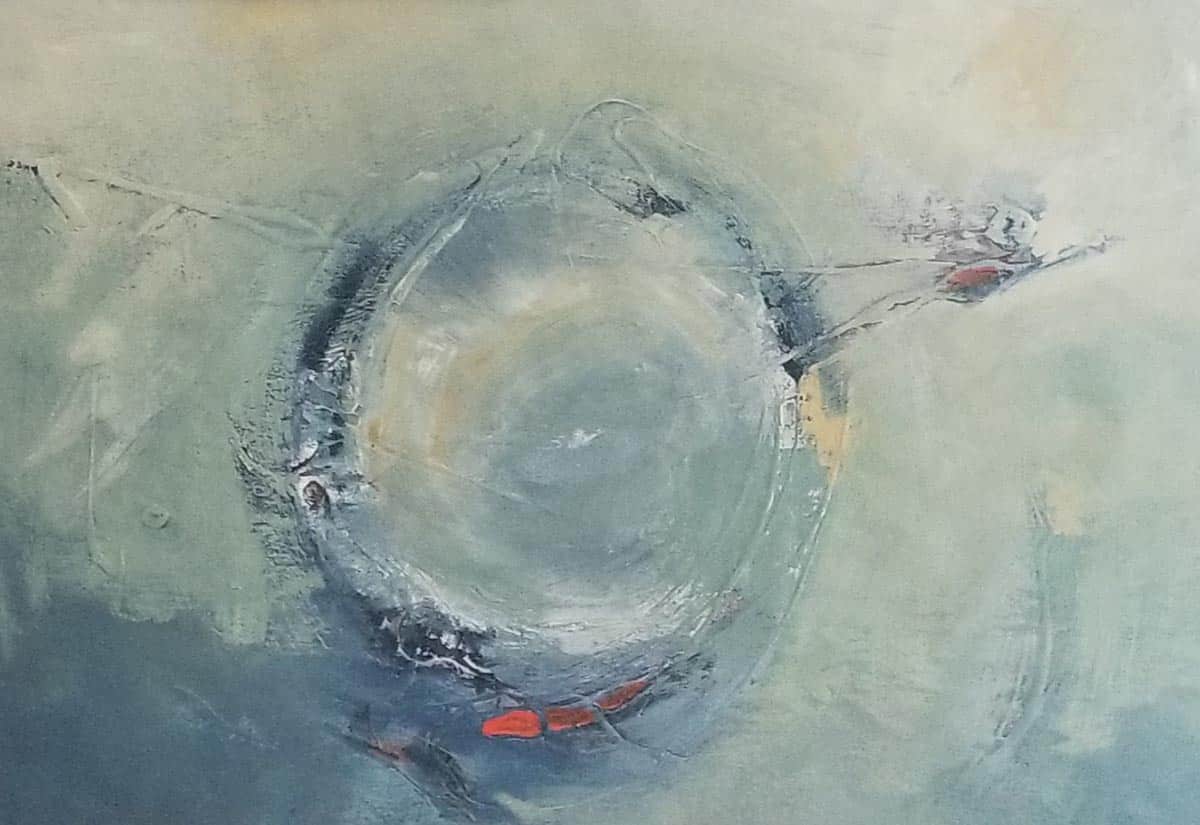 An abstract painting in shades of blue, with a circular shape near the centre